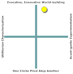 Excellent, evocative, and innovative world-building with ambitious characterization techniques.